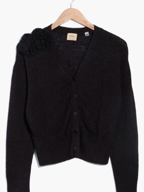 Elie Tahari Black V-Neck Button Cardigan with Shoulder Rosette